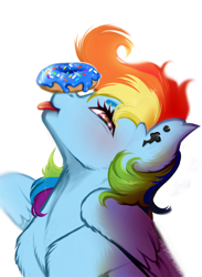Size: 2200x3000 | Tagged: safe, artist:rrd-artist, character:rainbow dash, blep, bust, chest fluff, cute, dashabetes, donut, ear fluff, ear piercing, female, food, high res, piercing, ponies balancing stuff on their nose, silly, solo, tongue out, treat on nose