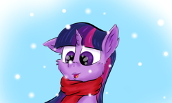 Size: 1787x1080 | Tagged: safe, artist:rurihal, character:twilight sparkle, character:twilight sparkle (unicorn), species:pony, species:unicorn, blue background, clothing, ear fluff, female, lips, mare, scarf, simple background, snow, snowfall, solo, winter