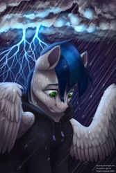 Size: 1440x2160 | Tagged: safe, artist:rrd-artist, oc, oc only, species:pegasus, species:pony, blue mane, clothing, crying, green eyes, hoodie, lightning, looking down, male, rain, sad, stallion, storm, teary eyes