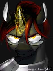 Size: 1500x2000 | Tagged: safe, artist:rrd-artist, oc, oc only, species:pony, species:unicorn, angry, bust, clothing, dark background, frown, glasses, glowing horn, shrunken pupils, simple background, yellow eyes