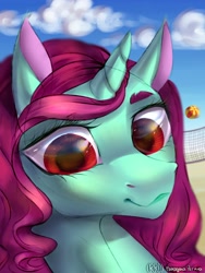 Size: 1500x2000 | Tagged: safe, artist:rrd-artist, oc, oc only, species:pony, species:unicorn, beach, beach ball, close-up, cloud, female, mare, red eyes, sand, sky, volleyball net