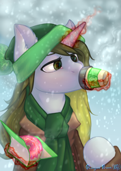 Size: 1888x2666 | Tagged: safe, artist:rrd-artist, oc, oc only, species:pony, species:unicorn, clothing, coat, coffee, coffee cup, cold, cup, donut, drinking, food, glowing horn, hat, magic, scarf, snow, solo, telekinesis, winter, ych result