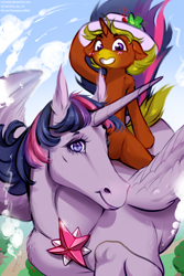 Size: 2000x3000 | Tagged: safe, artist:rrd-artist, character:twilight sparkle, character:twilight sparkle (alicorn), oc, species:alicorn, species:pony, species:unicorn, clothing, cloud, flying, hat, horse, horsified, ponies riding horses, riding, sun hat
