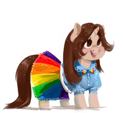 Size: 1242x1142 | Tagged: safe, artist:rrd-artist, oc, oc only, species:pony, species:unicorn, blouse, bow, chubby cheeks, cute, female, mare, open mouth, rainbow dress, simple background, smiling, solo, white background