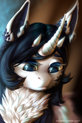 Size: 2000x3000 | Tagged: safe, artist:rrd-artist, oc, oc only, species:pony, chest fluff, curved horn, eyelashes, female, horn, looking down, mare, original species, solo