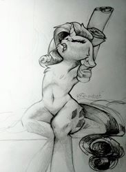 Size: 1280x1750 | Tagged: safe, artist:rrd-artist, character:rarity, species:pony, species:unicorn, armpits, bed, belly button, cheek fluff, chest fluff, eyes closed, female, horseshoes, mare, monochrome, morning ponies, open mouth, solo, stretching, traditional art, underhoof, yawn