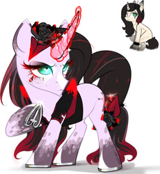 Size: 1280x1391 | Tagged: safe, artist:rrd-artist, oc, oc only, species:pony, species:unicorn, black rose, clothing, curved horn, eyelashes, female, flower, flower in hair, glowing horn, goth, horn, horseshoes, jacket, mare, simple background, solo, tattoo, white background