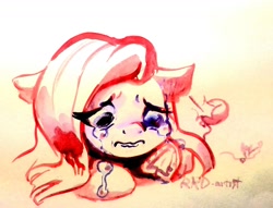 Size: 1280x980 | Tagged: safe, artist:rrd-artist, character:pinkamena diane pie, character:pinkie pie, species:pony, balloon, balloon popping, crying, female, horseshoes, needle, popping, sad, solo, traditional art, underhoof, watercolor painting