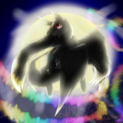 Size: 5800x5800 | Tagged: safe, artist:florarena-kitasatina/dragonborne fox, species:pony, absurd resolution, ahoge, artificial alicorn, augmented, big wings, crossover, dashing, dat mane tho, flight trail, flying, head tilt, leonine tail, moon, ponified, rainbow-colored circles, red eyes, signature, sky, suguri (suguri), watermark, wings