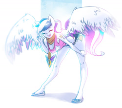 Size: 1280x1131 | Tagged: safe, artist:oughta, oc, oc only, oc:lumi, species:anthro, species:pegasus, species:plantigrade anthro, species:pony, anthro oc, clothing, daisy dukes, eyes closed, female, mare, scarf, shorts, solo, tank top, whale tail