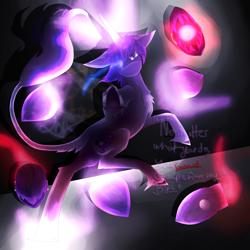Size: 5800x5800 | Tagged: safe, artist:florarena-kitasatina/dragonborne fox, species:pony, a bajillion light sources, absurd resolution, angry, augmented, bits (weapon), conjuring, crossover, dialogue, glowing eyes, glowing eyes of doom, horseshoes, ice cold eyes, imminent lasers of death, imminent spam, leonine tail, magic surge, nanako (suguri), now you fucked up, pointing at you, ponified, shadow, signature, simple background, small mare, the fourth wall cannot save you, watermark