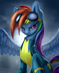 Size: 2100x2600 | Tagged: safe, artist:foughtdragon01, character:rainbow dash, species:pegasus, species:pony, clothing, female, goggles, looking at you, mare, solo, uniform, wonderbolts uniform