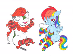 Size: 2186x1676 | Tagged: safe, artist:jamestkelley, character:autumn blaze, character:rainbow dash, species:kirin, species:pegasus, species:pony, episode:sounds of silence, g4, my little pony: friendship is magic, armpits, clothing, duo, female, filly, grumpy, happy, rainbow socks, simple background, snorting, socks, striped socks, traditional art, white background
