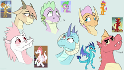Size: 2560x1440 | Tagged: safe, artist:fuzzypones, character:fizzle, character:garble, character:ocellus, character:princess ember, character:smolder, character:spike, species:dragon, blushing, bust, disguise, disguised changeling, dragon ocellus, dragoness, female, male, sketch, sketch dump