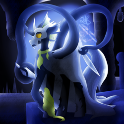 Size: 5800x5800 | Tagged: safe, artist:florarena-kitasatina/dragonborne fox, oc, oc:flavis, species:changeling, absurd resolution, background light, changeling oc, cloak, clothing, columns, commission, crossover, forgotten crossroads, hollow knight, knife, mask, signature, simple background, spikes, tentacles, watermark, weapon, yellow changeling
