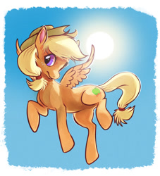 Size: 812x896 | Tagged: safe, artist:dand-e, oc, oc:applebeans, species:pony, clothing, cowboy hat, female, flying, hat, mare, solo, sun