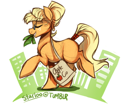 Size: 1078x931 | Tagged: safe, artist:dand-e, character:applejack, species:pony, alternate hairstyle, bag, eyes closed, female, glasses, hatless, missing accessory, money, mouth hold, solo, tail wrap, tote bag