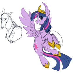 Size: 1233x1237 | Tagged: safe, artist:dand-e, character:twilight sparkle, character:twilight sparkle (alicorn), species:alicorn, species:deer, species:pony, flying, jewelry, regalia, simple background, smiling, white background
