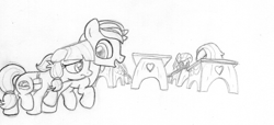 Size: 1093x498 | Tagged: safe, artist:midwestbrony, character:lily longsocks, species:pony, classroom, monochrome, sketch, traditional art