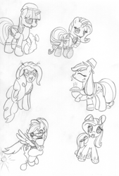 Size: 1102x1630 | Tagged: safe, artist:midwestbrony, character:applejack, character:fluttershy, character:pinkie pie, character:rainbow dash, character:rarity, character:twilight sparkle, character:twilight sparkle (alicorn), species:alicorn, species:earth pony, species:pegasus, species:pony, species:unicorn, bomb, boots, bunny ears, christmas, clothing, easter bunny, easter egg, fake ears, female, food, funny glasses, glasses, happy new year, happy new year 2016, hat, helmet, holiday, jumping, lineart, mane six, mare, monochrome, mouth hold, pie, saddle bag, saint patrick's day, santa hat, santa sack, shoes, sketch, smiling, traditional art, weapon