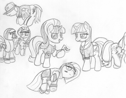 Size: 1181x915 | Tagged: safe, artist:midwestbrony, character:applejack, character:fluttershy, character:pinkie pie, character:rainbow dash, character:rarity, character:starlight glimmer, character:twilight sparkle, species:pony, hoofball, lying down, mane six, monochrome, pennant, sketch, sports, tired, traditional art