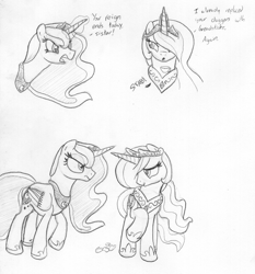 Size: 1121x1202 | Tagged: safe, artist:midwestbrony, character:princess celestia, character:princess luna, species:pony, breadstick, dialogue, glowing horn, luna is not amused, magic, monochrome, raised hoof, royal sisters, sketch, stabbing, telekinesis, traditional art, trollestia, unamused