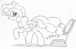 Size: 1182x764 | Tagged: safe, artist:midwestbrony, character:pinkie pie, species:pony, abuse, adorable distress, behaving like a cat, behaving like a dog, cute, female, fleeing, monochrome, pinkiebuse, scared, sketch, solo, traditional art, vacuum cleaner