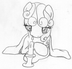 Size: 544x523 | Tagged: safe, artist:midwestbrony, character:sweetie belle, species:pony, blanket, candle, female, monochrome, sketch, solo, traditional art