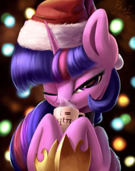 Size: 2300x2900 | Tagged: safe, artist:foughtdragon01, character:twilight sparkle, character:twilight sparkle (alicorn), species:alicorn, species:pony, bedroom eyes, chocolate, christmas, clothing, cup, cute, female, food, grin, hat, holiday, hoof shoes, hot chocolate, leg fluff, lidded eyes, looking at you, mare, math, math joke, mug, one eye closed, pi, qt, santa hat, smiling, solo, twiabetes