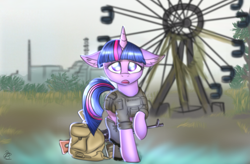 Size: 3500x2300 | Tagged: safe, artist:lakunae, character:twilight sparkle, character:twilight sparkle (unicorn), species:pony, species:unicorn, armor, chernobyl, ear fluff, female, ferris wheel, floppy ears, gun, hooves, horn, looking at you, machine gun, mare, open mouth, pkm, pripyat, raised hoof, s.t.a.l.k.e.r., solo, weapon