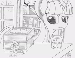 Size: 2200x1700 | Tagged: safe, artist:tenebrousmelancholy, character:fluttershy, character:starlight glimmer, species:pony, book, bookshelf, hiding, micro, mug, shaking, traditional art