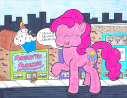 Size: 2196x1694 | Tagged: safe, artist:jamestkelley, character:pinkie pie, species:earth pony, species:pony, alleyway, angry, baker, bakery, bite mark, boutique, city, cityscape, cupcake, eating, electricity, food, giant pony, macro, manehattan, sparks, store display