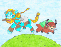 Size: 2155x1681 | Tagged: safe, artist:jamestkelley, character:rockhoof, character:yona, species:earth pony, species:pony, species:yak, bow, cloven hooves, colored pencil drawing, cute, female, grass, hair bow, happy, hill, leaping, looking at you, male, monkey swings, mouth hold, rockhoof's shovel, simple background, stallion, traditional art, trowel