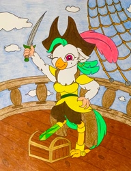 Size: 2784x3625 | Tagged: safe, artist:jamestkelley, character:captain celaeno, my little pony: the movie (2017), amputee, clothing, ear piercing, earring, feather, female, hat, jewelry, one eye closed, parrot pirates, piercing, pirate, pirate ship, prosthetic limb, prosthetics, rigging, solo, sword, treasure chest, weapon, wink