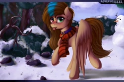 Size: 2560x1706 | Tagged: source needed, safe, artist:apostolllll, oc, oc only, species:pegasus, species:pony, clothing, collar, female, heterochromia, mare, scarf, snow, snowman, solo, tongue out, winter