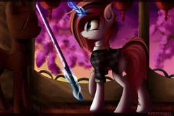 Size: 2560x1706 | Tagged: source needed, safe, artist:apostolllll, oc, oc only, species:pony, species:unicorn, clothing, dummy, female, glowing horn, magic, mare, plaid shirt, shirt, solo, sword, telekinesis, weapon