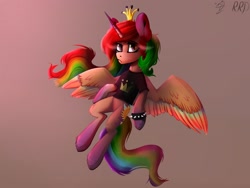 Size: 2560x1920 | Tagged: source needed, safe, artist:apostolllll, oc, oc only, species:alicorn, species:pony, alicorn oc, clothing, colored wings, crown, donut steel, jewelry, multicolored wings, rainbow hair, rainbow wings, regalia, shirt, simple background, solo, spiked wristband, t-shirt, wristband