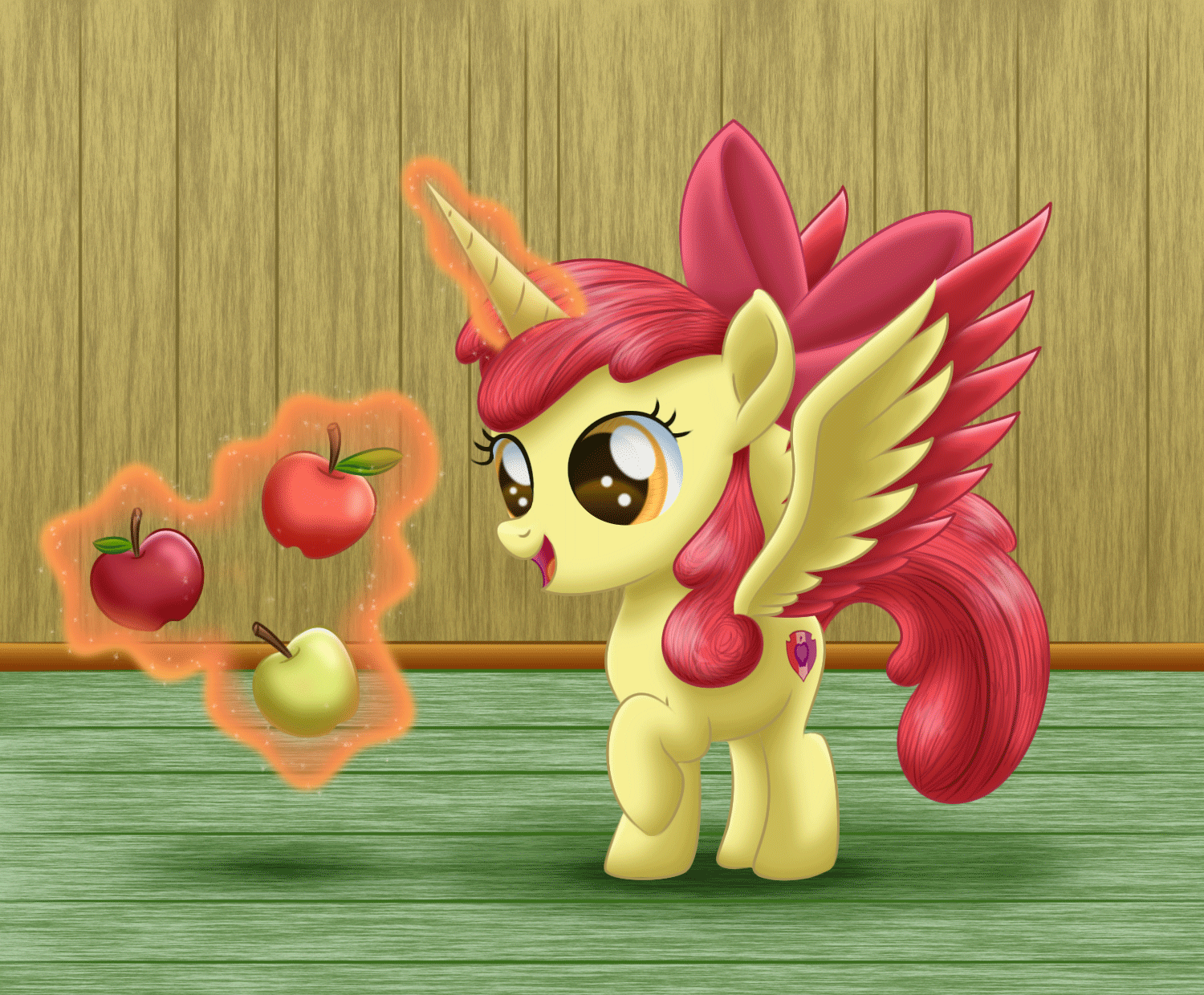 Size: 1500x1240 | Tagged: safe, artist:lifesharbinger, character:apple bloom, species:alicorn, species:pony, adorabloom, alicornified, animated, apple, barely animated, bloomicorn, cute, eye shimmer, female, food, gif, levitation, magic, race swap, solo, telekinesis, this will end in tears and/or death and/or covered in tree sap