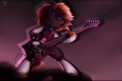 Size: 2560x1707 | Tagged: source needed, safe, artist:apostolllll, oc, oc only, species:earth pony, species:pony, collar, electric guitar, eyeshadow, guitar, makeup, metal, open mouth, running makeup, semi-anthro, solo, spiked collar, tongue out