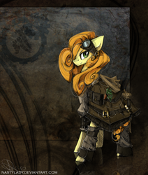 Size: 920x1084 | Tagged: safe, artist:nastylady, character:carrot top, character:golden harvest, species:earth pony, species:pony, abstract background, clothing, female, goggles, hair over one eye, mare, smiling, smirk, solo, steampunk