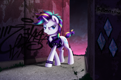 Size: 2983x1964 | Tagged: safe, artist:thebowtieone, character:rarity, species:pony, species:unicorn, episode:it isn't the mane thing about you, g4, my little pony: friendship is magic, alternate hairstyle, clothing, cute, cutie mark, dreamworks face, female, graffiti, punk, punkity, raribetes, rarity's cutie mark, smiling, solo