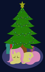 Size: 1883x3000 | Tagged: safe, artist:alltimemine, character:fluttershy, species:pegasus, species:pony, christmas, christmas star, christmas tree, cutie mark, dark, eyes closed, female, garland, hearth's warming, hearth's warming tree, holiday, hooves, inkscape, lineless, mare, night, present, prone, sleeping, solo, tree, vector, wings