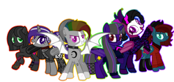 Size: 1280x602 | Tagged: safe, artist:kookiebeatz, artist:meimisuki, base used, oc, oc only, oc:after-party, oc:dusk's light, oc:midnight harvest (ice1517), oc:monochrome rainbow, oc:nightingale (ice1517), oc:quiet sanctuary, species:alicorn, species:bat pony, species:pony, alicorn oc, anklet, bandana, bat pony alicorn, bat pony oc, beanie, blaze (coat marking), boots, bracelet, choker, clothing, cowboy hat, cut, dress, ear piercing, earring, face paint, face tattoo, female, flannel, glasses, goth, group, harlequin, harlequin jester, hat, horn ring, jester, jester hat, jewelry, jumper, makeup, mare, multicolored hair, nose piercing, nose ring, open mouth, piercing, ponytail, rainbow hair, raised hoof, scar, shoes, simple background, smiling, socks, solo, spiked choker, stockings, sweater, tattoo, teeth, thigh highs, transparent background, wall of tags, wristband
