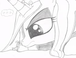 Size: 2200x1700 | Tagged: safe, artist:tenebrousmelancholy, character:princess cadance, character:shining armor, disappointed, macro, micro, scared, shrunk, traditional art