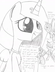 Size: 1700x2200 | Tagged: safe, artist:tenebrousmelancholy, character:princess cadance, character:princess celestia, character:princess luna, character:twilight sparkle, character:twilight sparkle (alicorn), species:alicorn, species:pony, alicorn tetrarchy, angry, dialogue, disappointed, micro, shrunk, traditional art