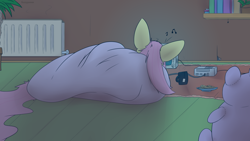 Size: 2560x1440 | Tagged: safe, artist:fuzzypones, character:fluttershy, species:pony, big ears, book, bookshelf, burrito, female, food, games, inside, mug, night, nintendo entertainment system, playing, radiator, solo, television