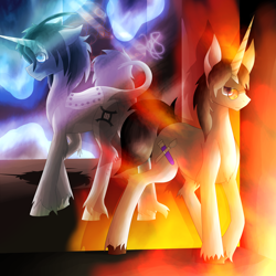 Size: 5800x5800 | Tagged: safe, artist:florarena-kitasatina/dragonborne fox, species:earth pony, species:pony, species:unicorn, absurd resolution, artificial horn, augmented, back to back, crossover, duality, duo, fire, floppy ears, frown, glasses, ice, leonine tail, looks like somepony had hell delivered to his doorstep, messy mane, mirror, noname (acceleration of suguri), ponified, ridiculously equine robot, robot, scalpel, shadow, shifu (suguri), signature, unshorn fetlocks, watermark