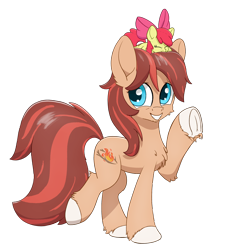 Size: 1950x2150 | Tagged: safe, artist:litrojia, character:apple bloom, oc, oc:cottonwood kindle, species:earth pony, species:pony, 2019 community collab, derpibooru community collaboration, cheek fluff, chest fluff, chin fluff, cute, ear fluff, female, filly, fluffy, frog (hoof), grin, hoof fluff, leg fluff, looking at you, male, nervous, ocbetes, plushie, pony hat, raised hoof, raised leg, shoulder fluff, simple background, smiling, solo, squee, stallion, transparent background, underhoof, waving