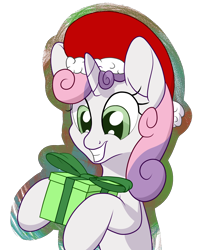 Size: 1600x2000 | Tagged: safe, artist:litrojia, character:sweetie belle, species:pony, species:unicorn, abstract background, christmas, clothing, female, filly, hat, holiday, present, santa hat, smiling, solo