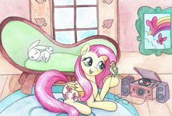Size: 1280x861 | Tagged: safe, artist:astevenamedwolf, character:angel bunny, character:fluttershy, species:bird, species:pegasus, species:pony, butterfly, couch, duo, female, fluttershy's cottage (interior), folded wings, head tilt, headphones, hoof hold, indoors, looking at something, mare, open mouth, picture, prone, rainbow, record player, singing, smiling, traditional art, wings